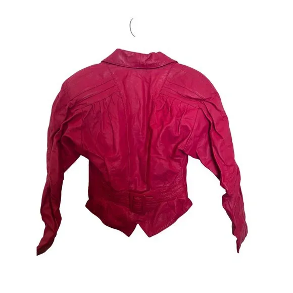 Vintage CHIA Hot Pink Leather Cropped Jacket With Button Closure & Belted Waist - Picture 2 of 8